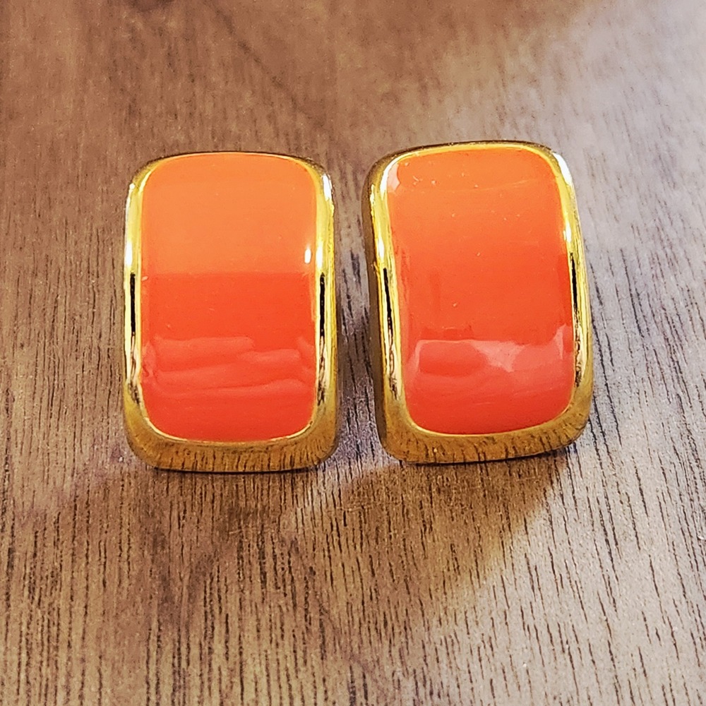 Orange Enamel Gold Tone Rectangular Stud Earrings Bold Minimalist Modern Jewelry - Picture 2 of 5